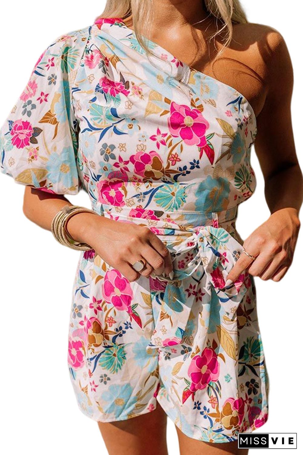 White Floral Single Bubble Sleeve Slant Shoulder Romper