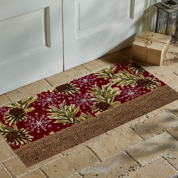 Tis Season Rectangle Indoor And Outdoor Estate Coir Door Welcome Mat Yellow Flowers On Burgundy Background