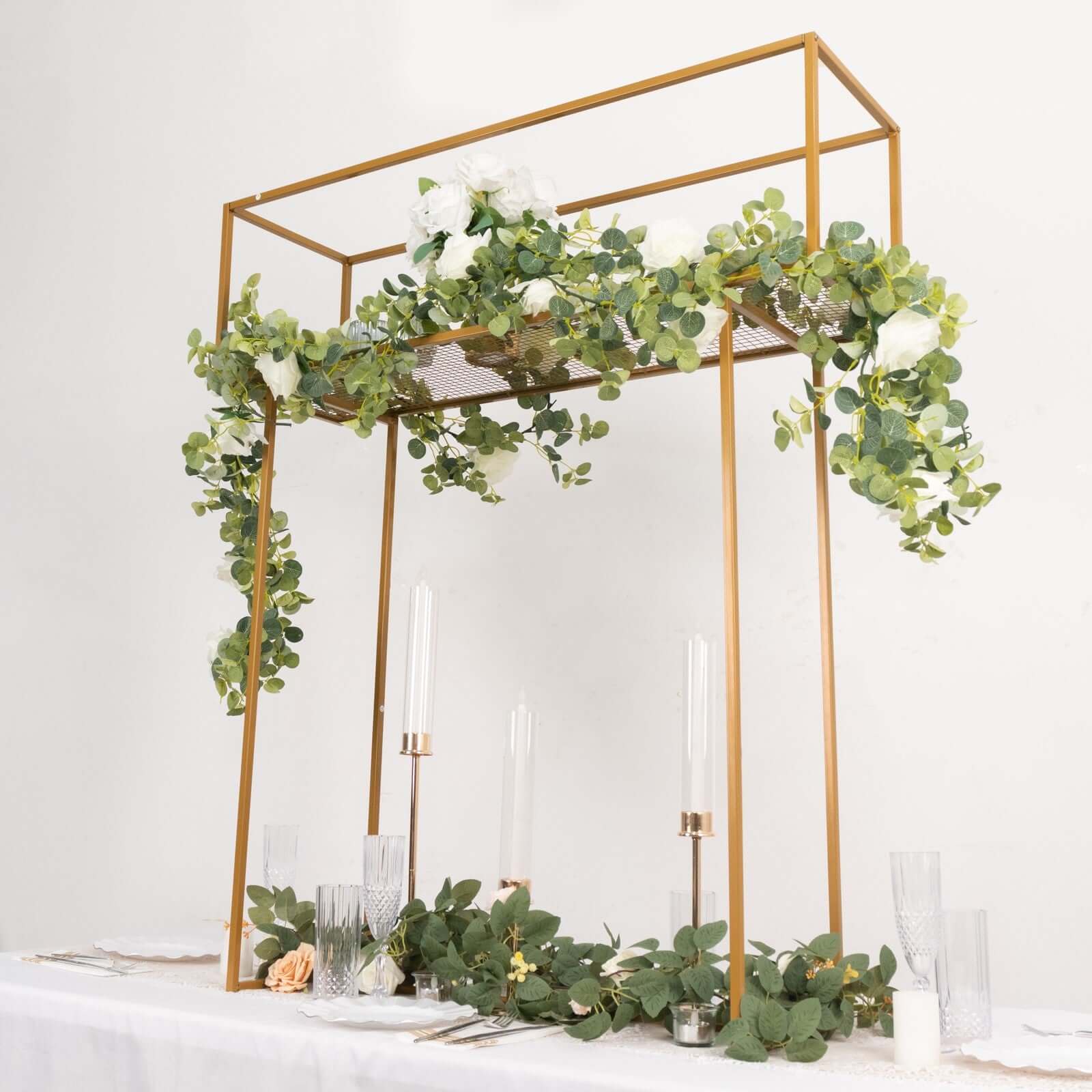 Gold Heavy Duty Metal Rectangular Centerpiece Stand, Tall Floral Arrangement Tabletop Display Rack 48