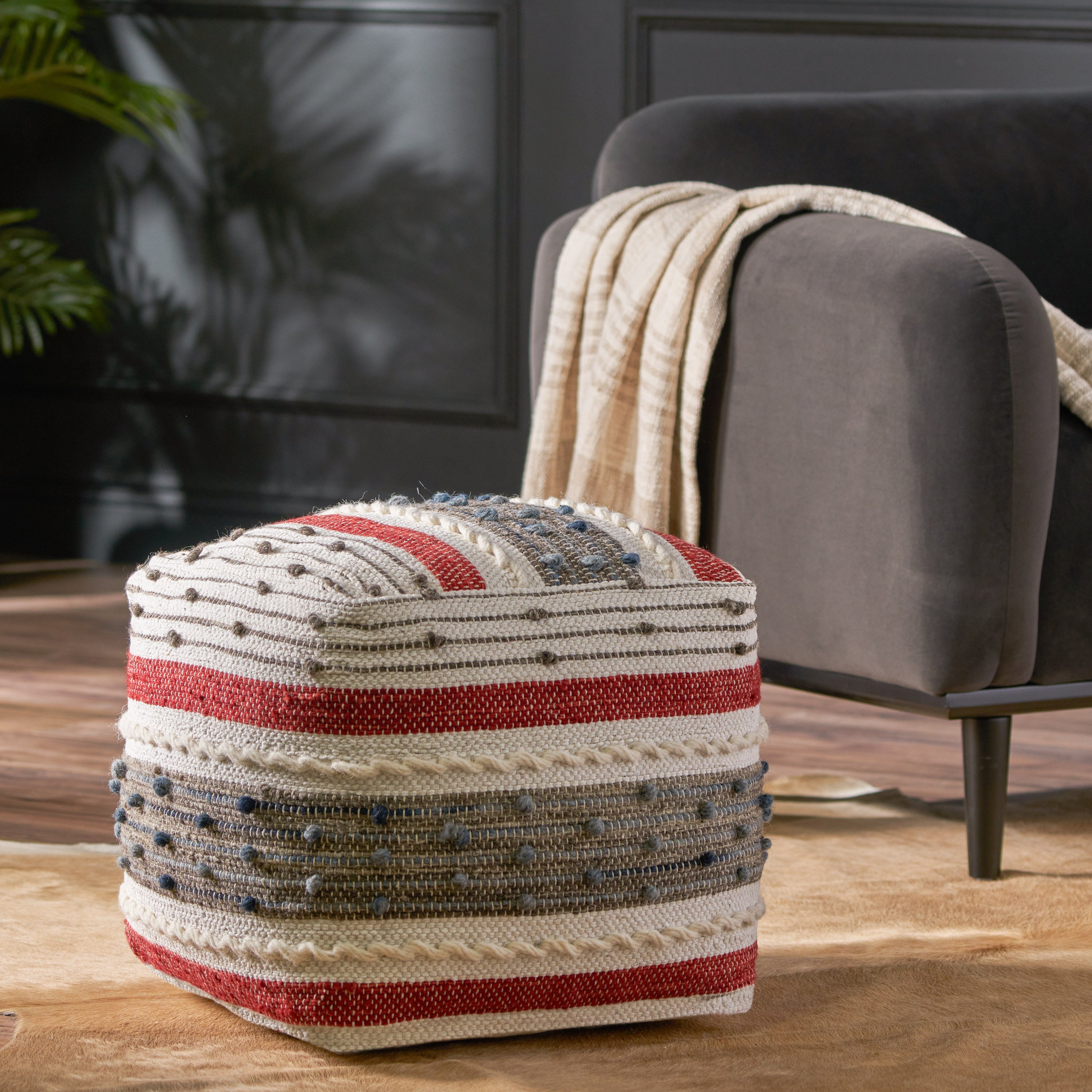 Aren Boho Wool and Cotton Ottoman Pouf