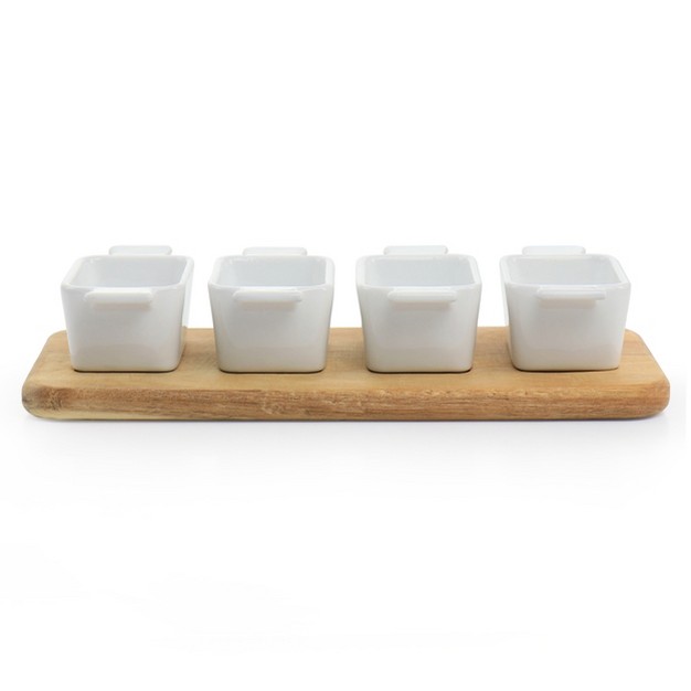 Gibson Elite Gracious Dining 5 Piece Fine Ceramic Tidbit Dish Set With Acacia Wood Base