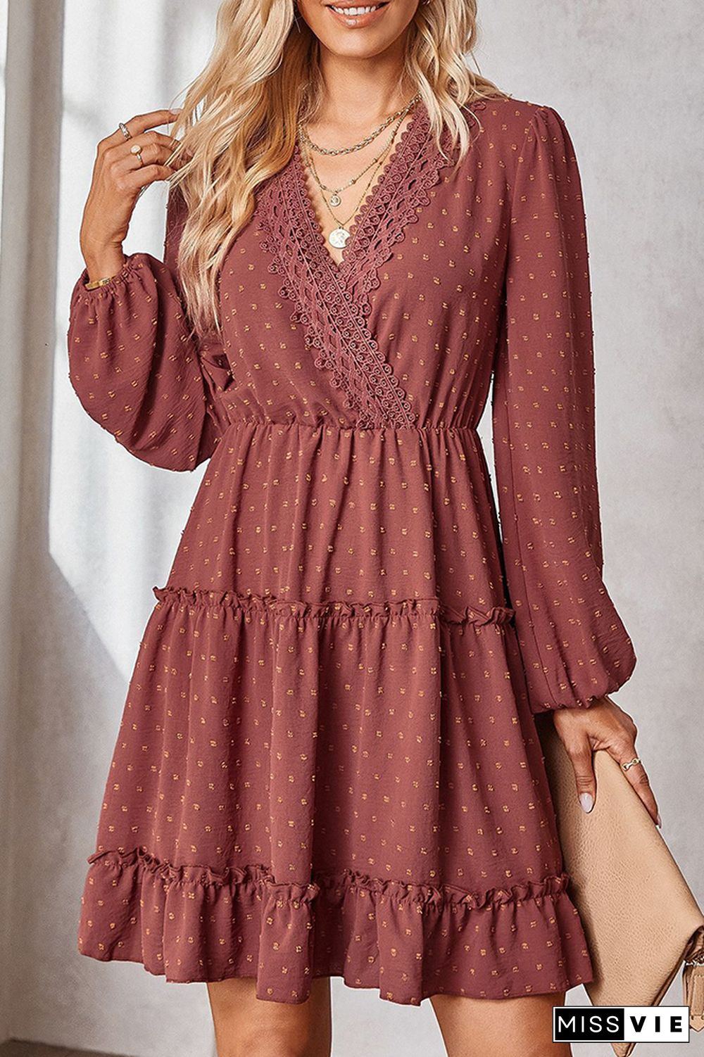 Swiss Dot Lace Crochet Long Sleeve Ruffle Dress