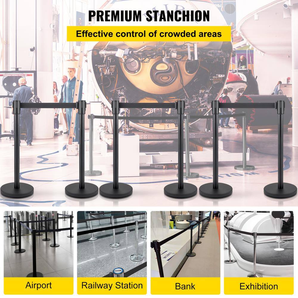 VEVOR 6.6 ft. Crowd Control Stanchion Set Black Retractable Belt Line Dividers with Metal Base in Black (6-Pieces) GLZHSHDJTDTT682ZUV0