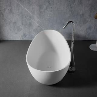 VANITYFUS 59 in. Stone Resin Flatbottom Solid Surface Freestanding Soaking Bathtub in White with Brass Drain VF-CloW34-S