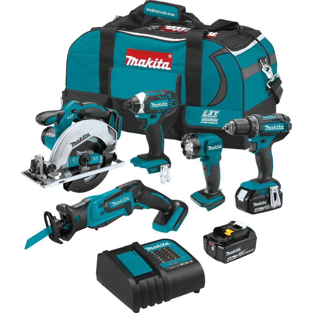 Makita 18V LXT Lithium-Ion Cordless 5-pc. Combo Kit (Drill-DriverImpact DriverCircular SawRecipro SawLight) 4.0Ah XT510SM