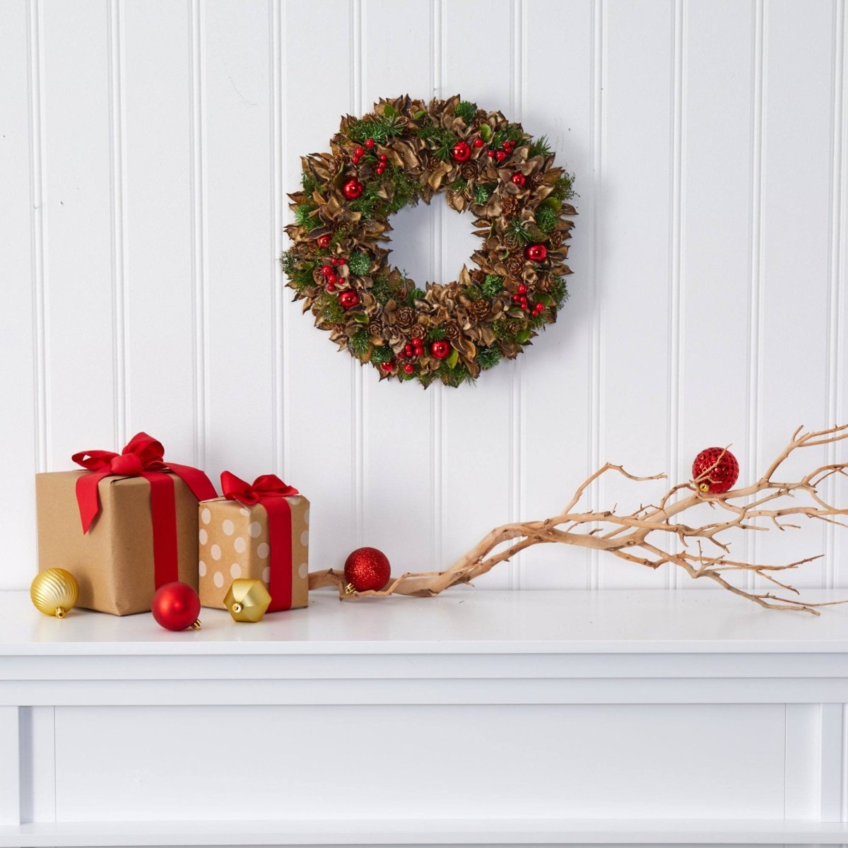 15” Holiday Artificial Wreath with Pine Cones & Ornaments – Festive Décor for Any Space