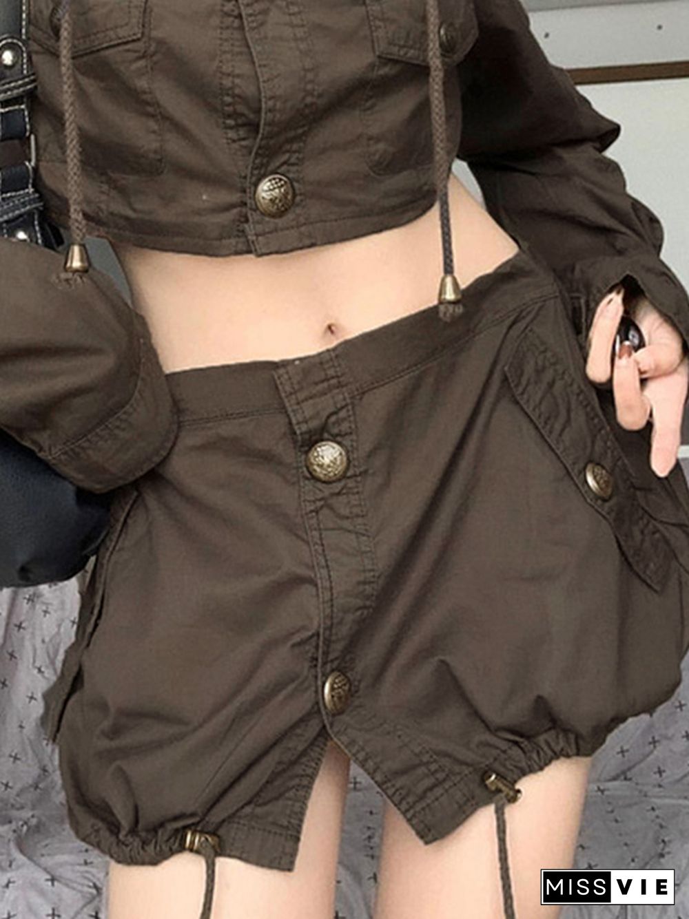 Vintage Pocket Button Drawstring Hem Cargo Mini Skirt