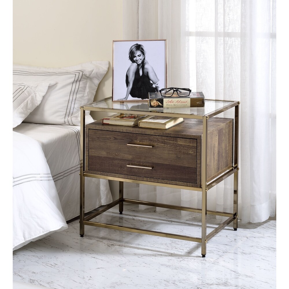 Metal Frame Nightstand Accent Table Walnut Champagne Finish 15\