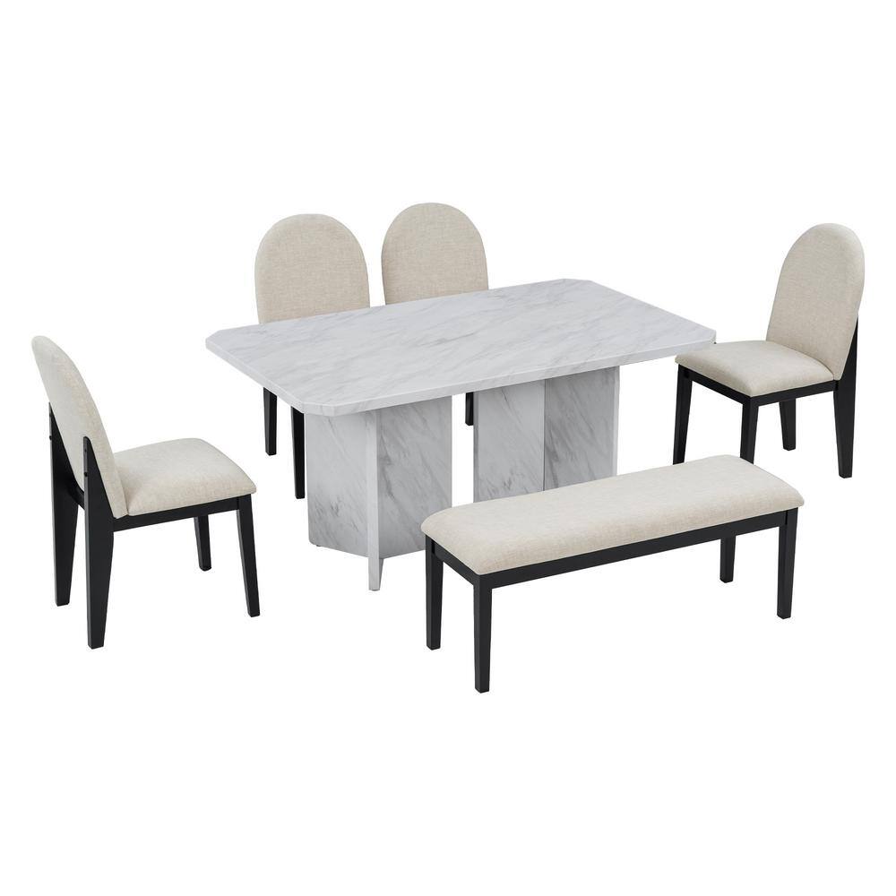 Harper  Bright Designs Modern Style 6-Piece White Rectangular Faux Marble Top Dining Table Set Seats-6 with 4-Upholstered Chairs and Bench XW062AAK