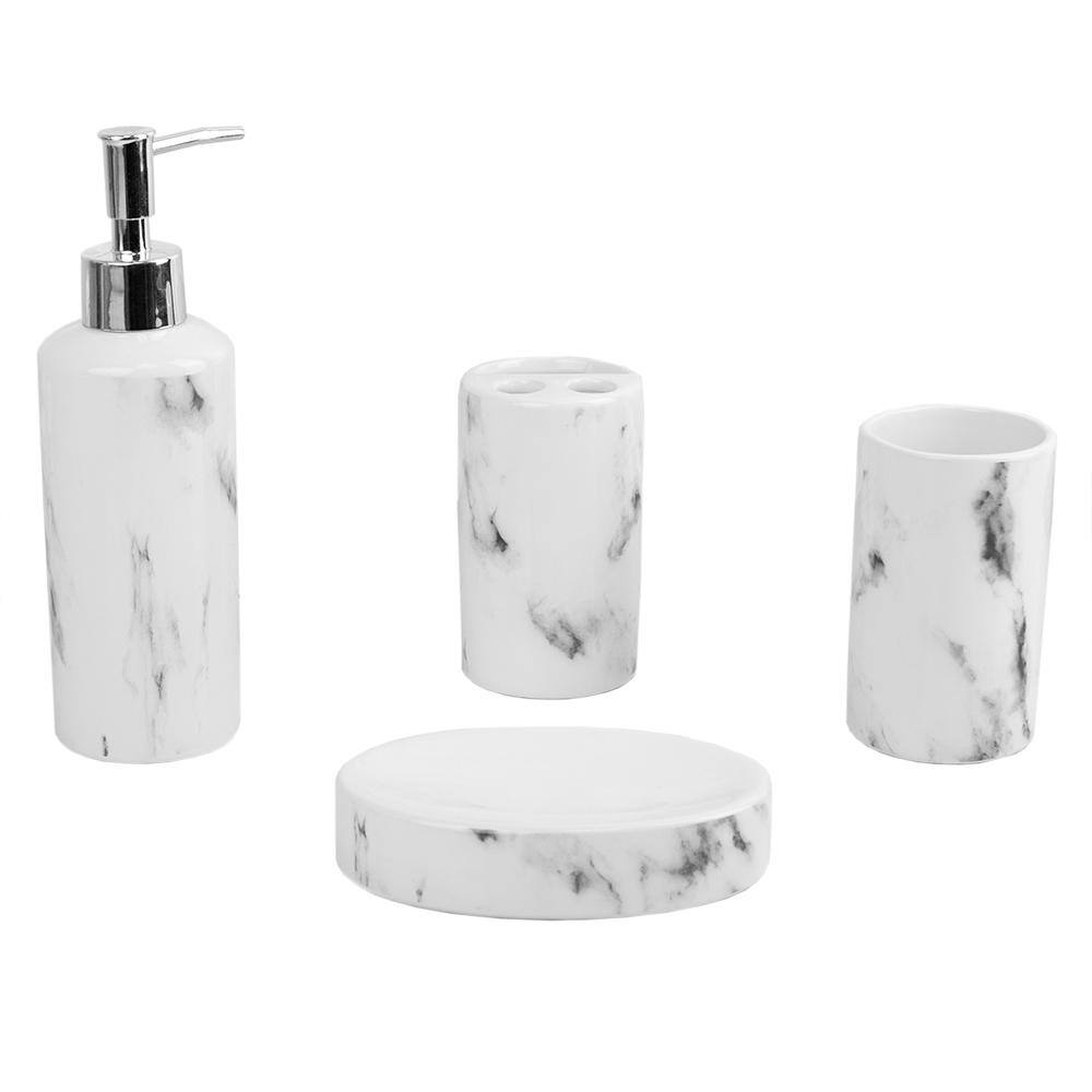 Home Basics Marble Ceramic 4 Piece Bath Accessory Set in White HDC51468