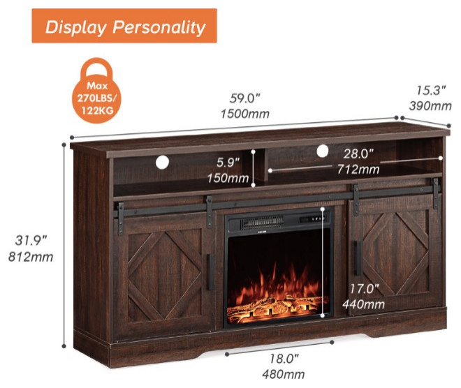 Farmhouse TV Stand  Sliding Doors  Fireplace With Adjustable Temperature  Brown   Farmhouse   Entertainment Centers And Tv Stands   by Declusia  Houzz