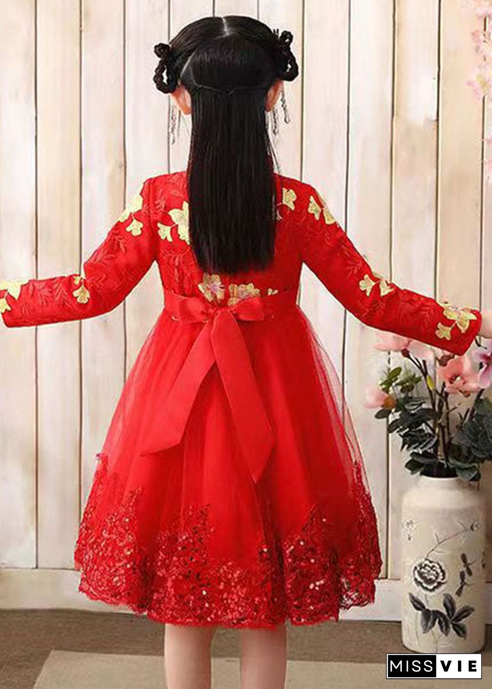 Red Stand Collar Sequins Tulle Kids Maxi Dress Long Sleeve