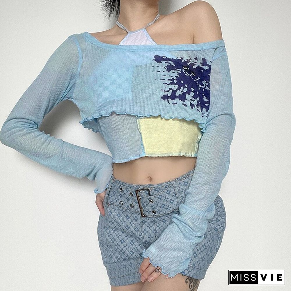 Weekeep Cute Patchwork T-Shirt Two Piece Women Long Sleeve Transparent Tee And Tie Up Halter Cropped Tops Summer Kawaii Harajuku