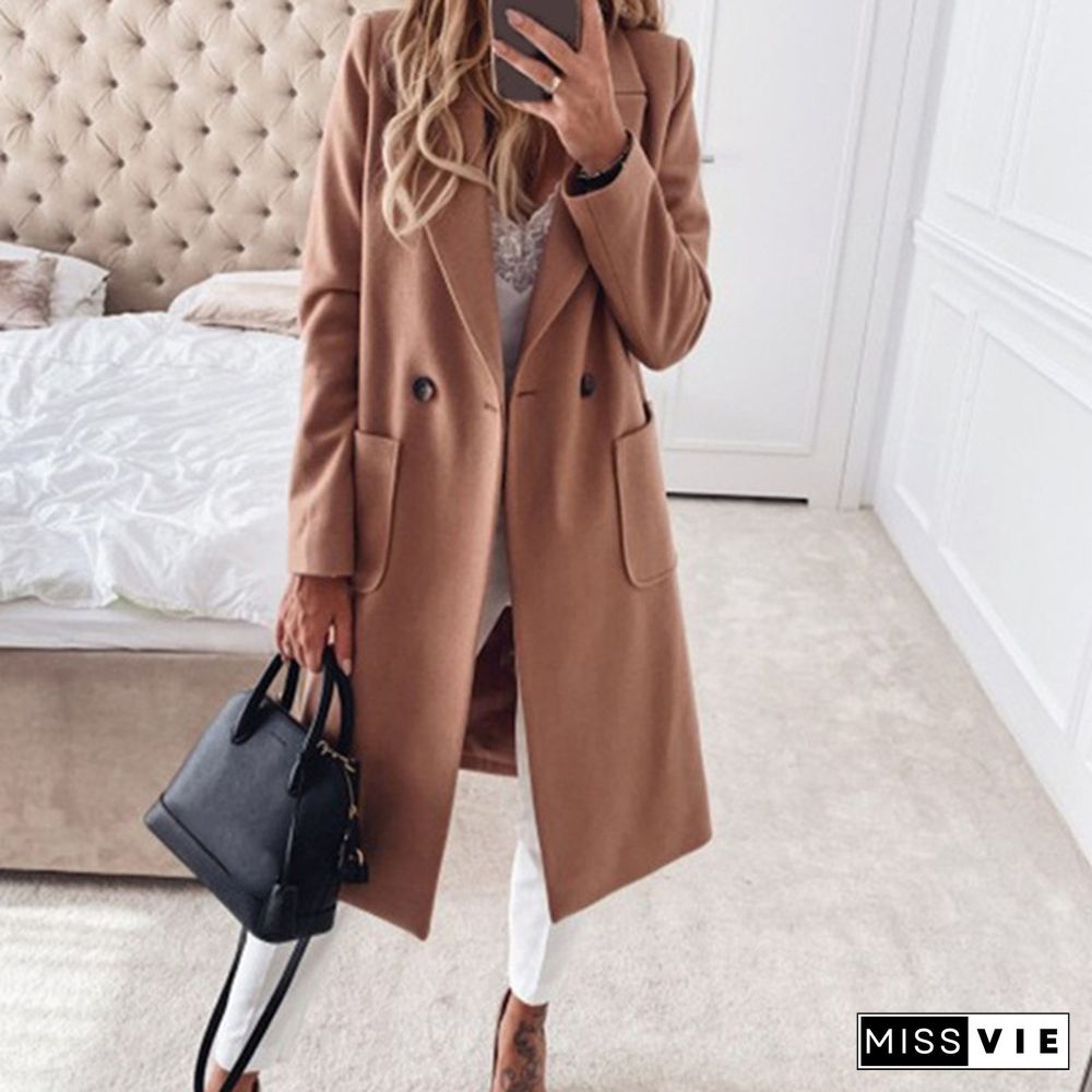 Fashion Womens Lapel Woolen Blend Long Parka Trench Coats Solid Color Ladies Jacket Outerwear Button Coat XS-5XL