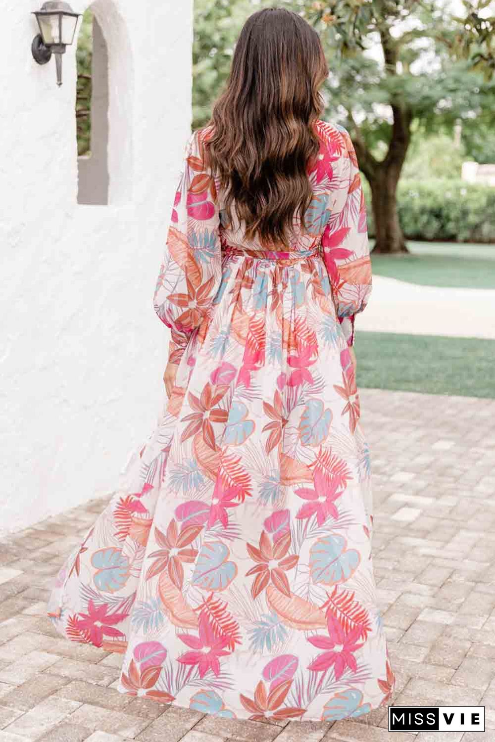 Tropical Plant Print Long Sleeve Wrap V-Neck Slit Maxi Dress