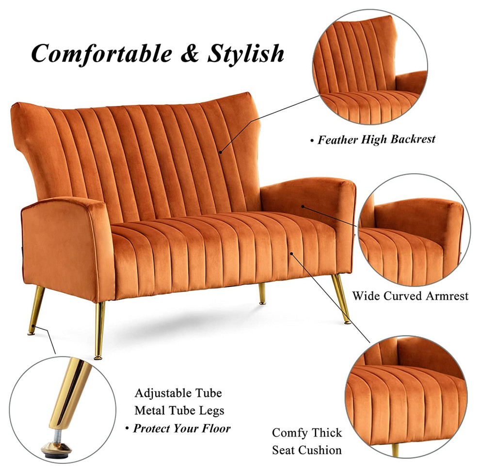 Caramel Color  Curved Tufted Contemporary Velvet High Back Loveseat Sofa   Midcentury   Armchairs And Accent Chairs   by Imtinanz  LLC  Houzz