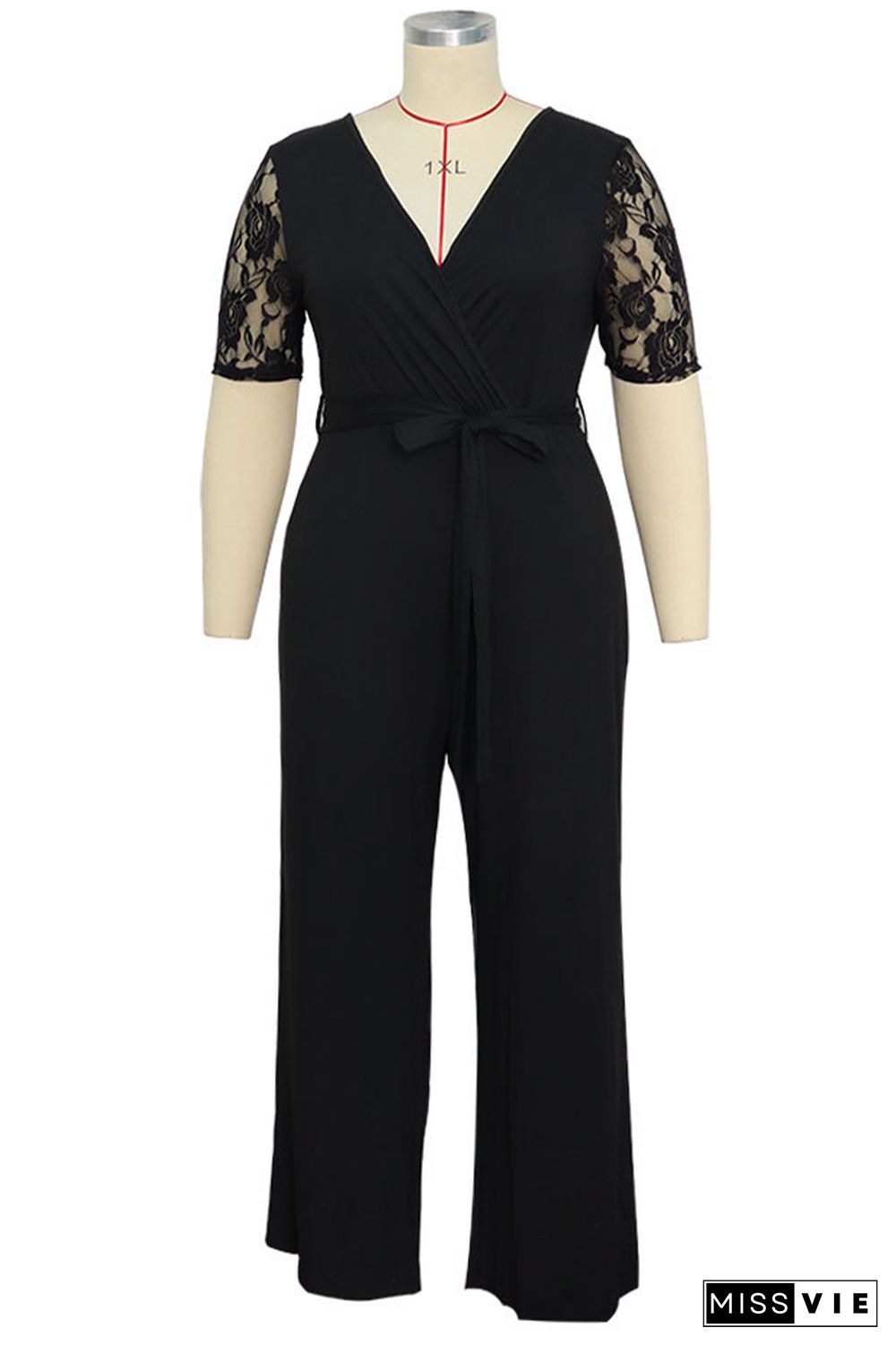 Deep V Neck Lace Sleeve Plus Size Jumpsuit Wholesale