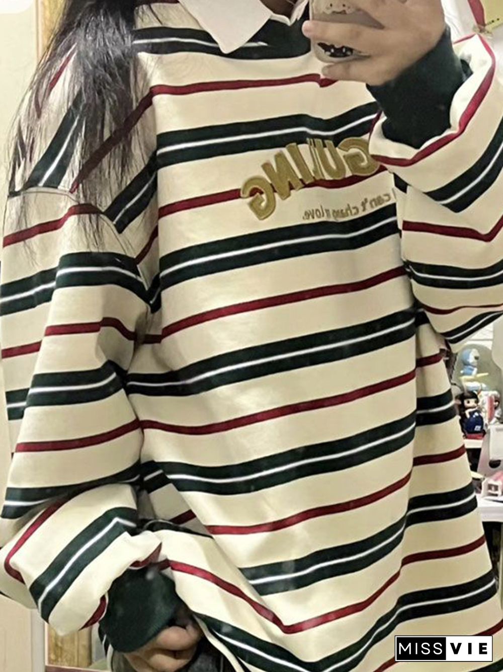 Street Letter Embroidery Striped Crew Neck Sweatshirt