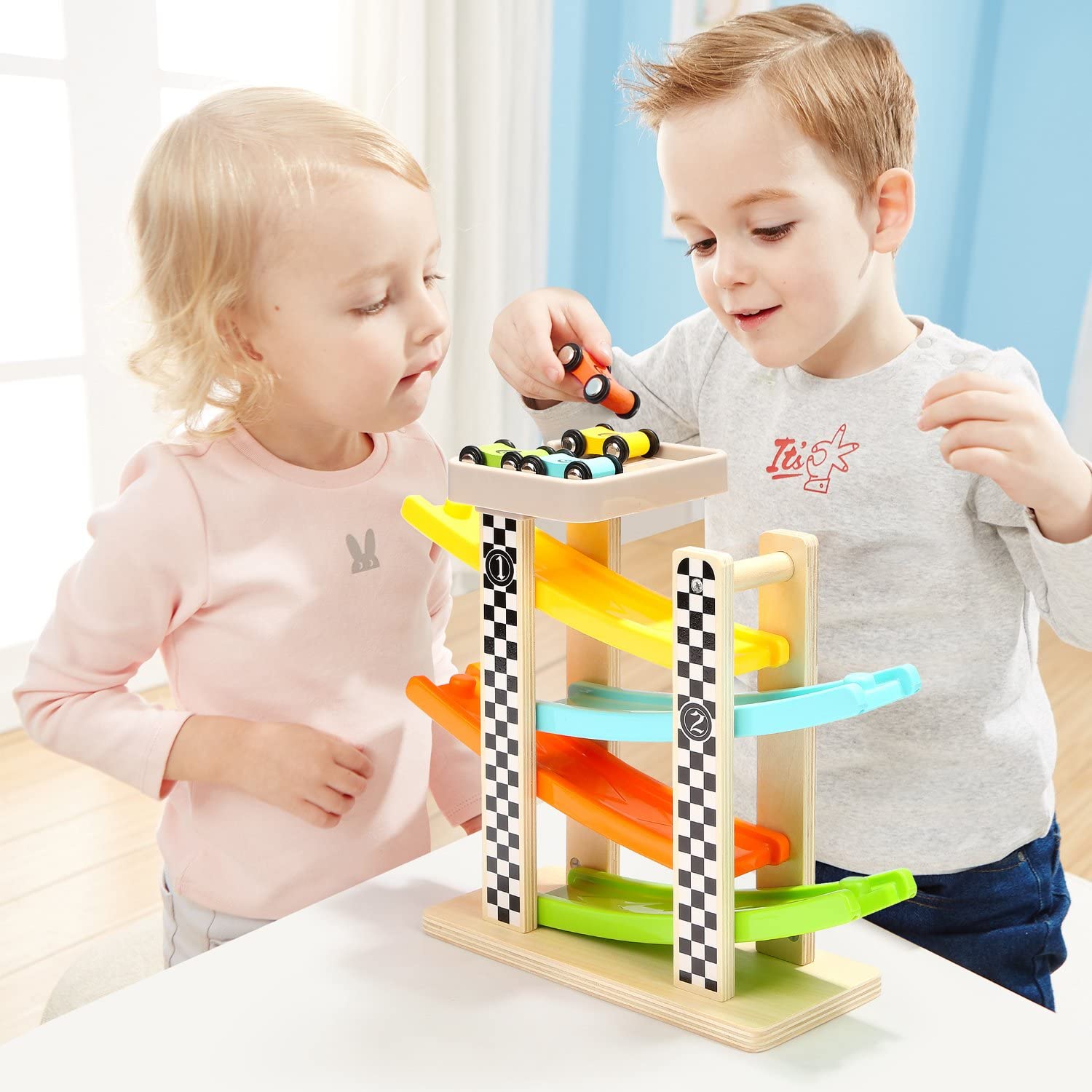 TOP BRIGHT Toddler Toys For 1 2 Year Old Boy And Girl Gifts Wooden Race Track Car Ramp Racer With 4 Mini Cars