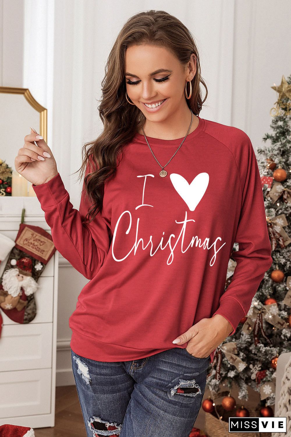 Red I Love Christmas Graphic Print Sweatshirt