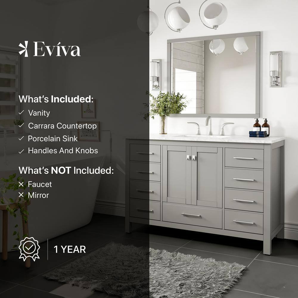 Eviva Aberdeen 48 in. W x 22 in. D x 35 in. H Bath Vanity in Gray with White Carrara Marble Top with White Sink EVVN412-48GR