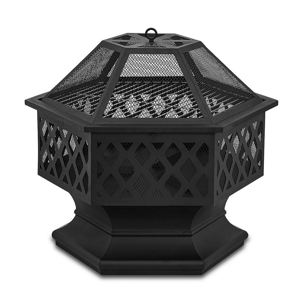 Barton 24 in. x 8.25 in. Outdoor Hex-Shaped Patio Firebowl Portable Wood Fire Pit with Spark Screen Cover Poker and Grill 96811-H1