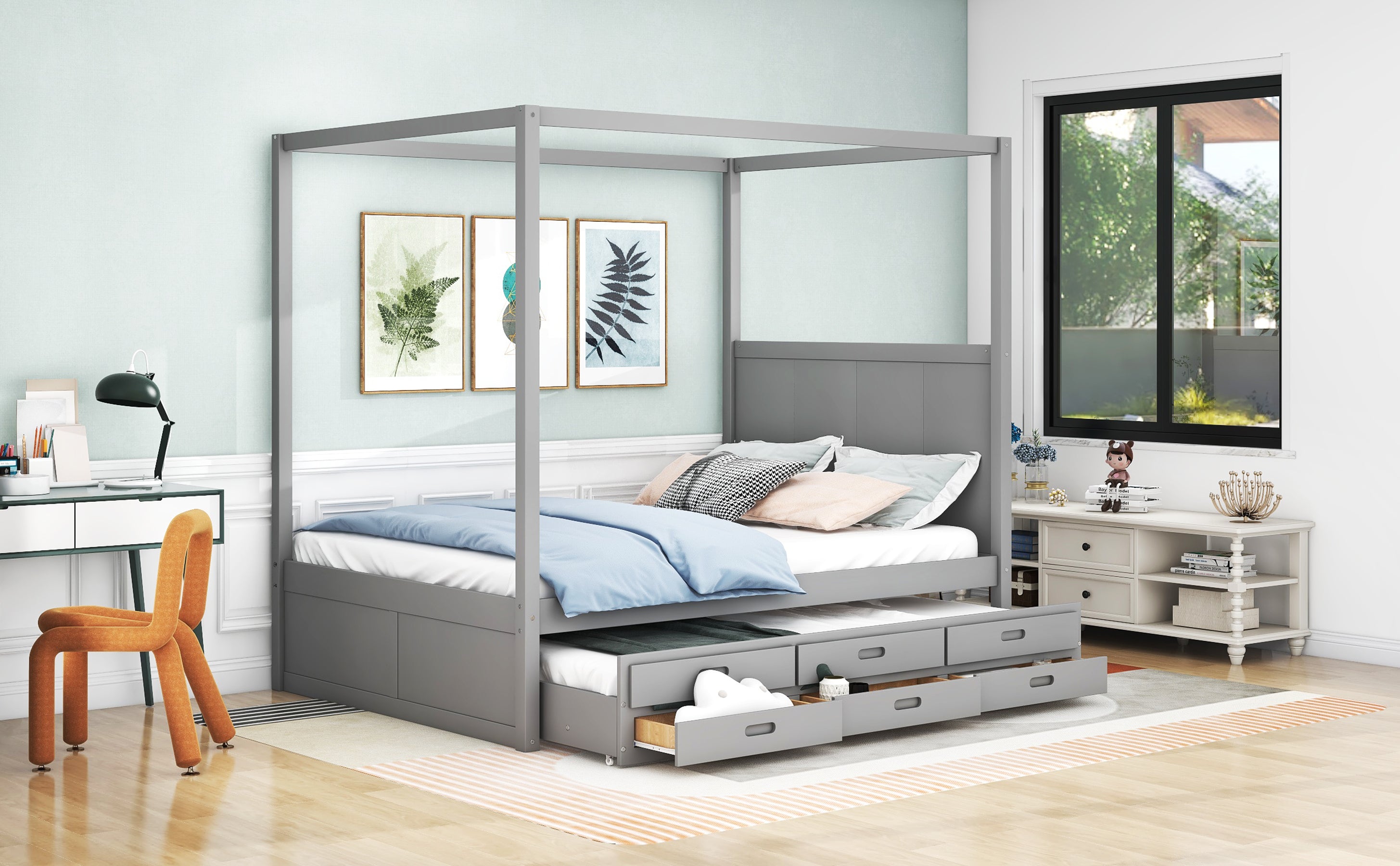 EUROCO Queen Size Canopy Platform Bed with Trundle and Drawers, Gray