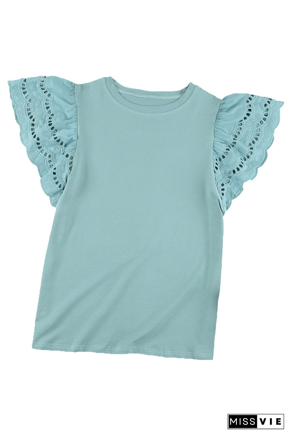 Green Hollow Out Ruffle Sleeve T-shirt