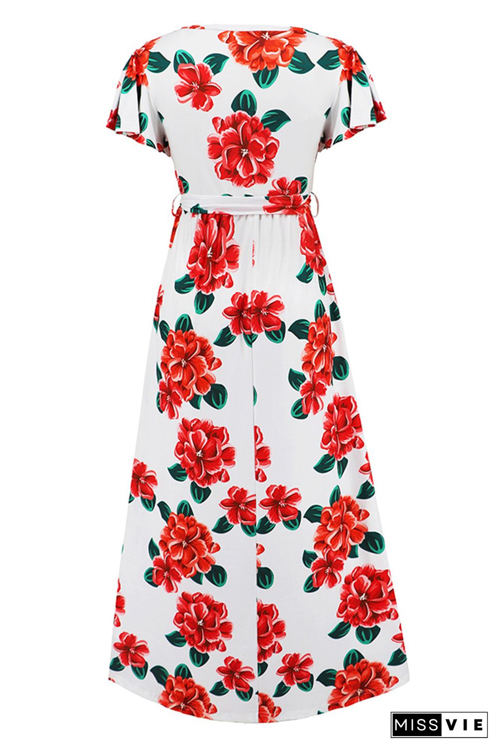 V Neck Short Sleeves Floral Maxi Dress