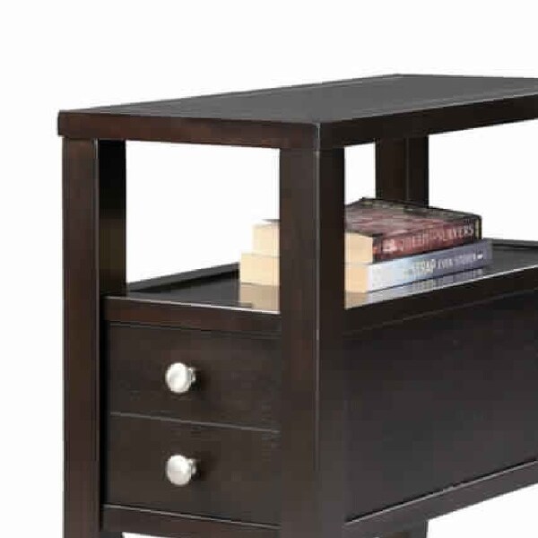 Wooden End Table with Upper Shelf and 2 Drawers， Dark Brown