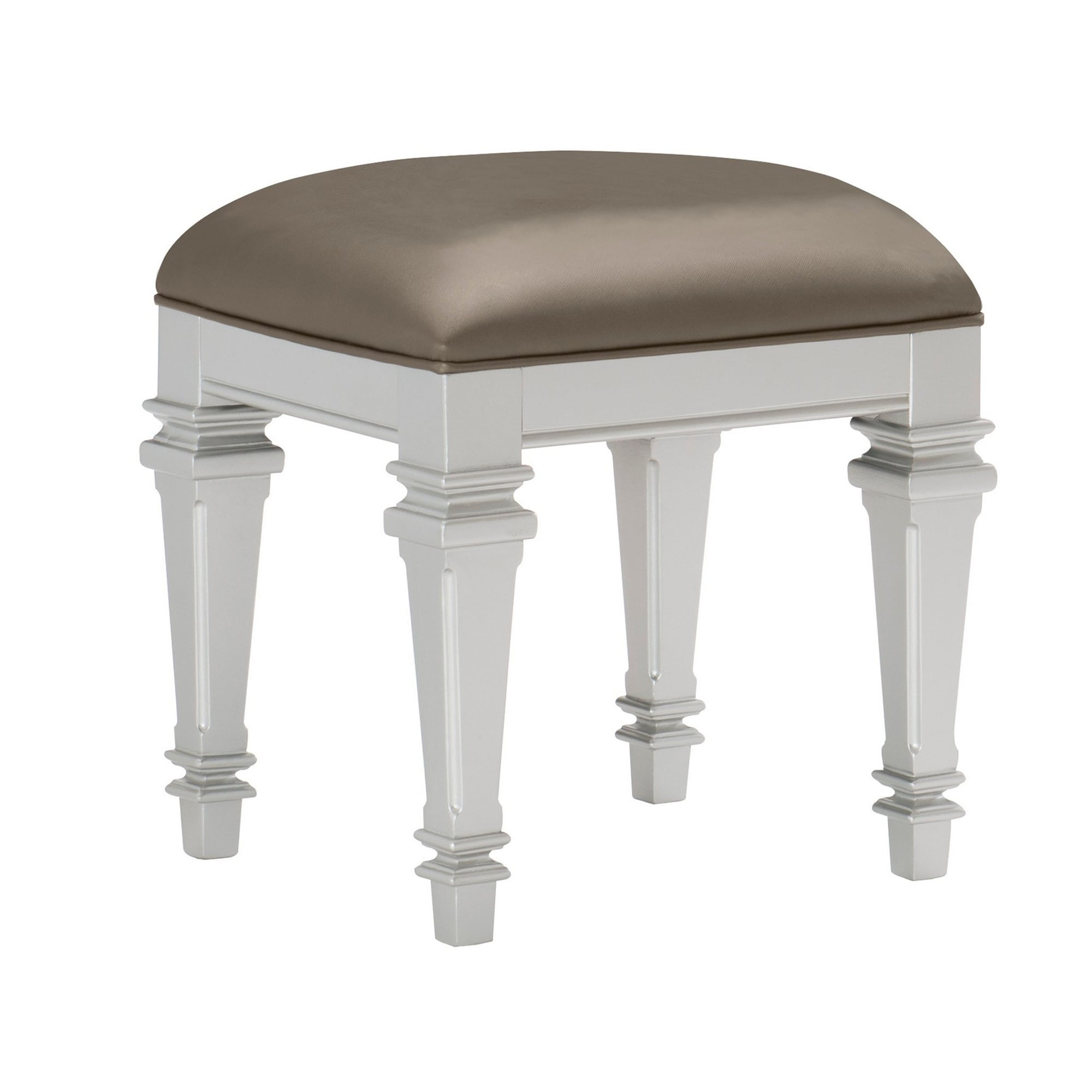 Leatherette Padded Vanity Stool with Tapered Legs and Molded Detail， Silver