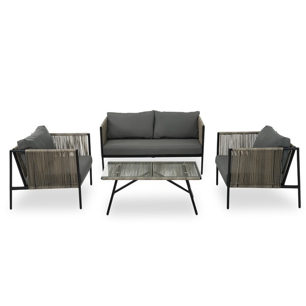 AllWeather Patio Furniture 4piece Rope Sofa Set with Thick Cushions and Toughened Glass Table