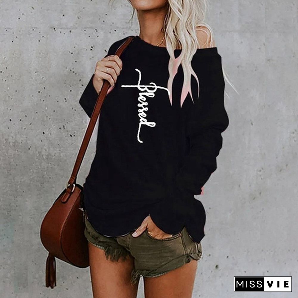 New Autumn And Winter Fashion Women Blessed Letter Printed Long Sleeve Sweatshirt Round Collar Loose Blouses Pullover Tops Jumpers