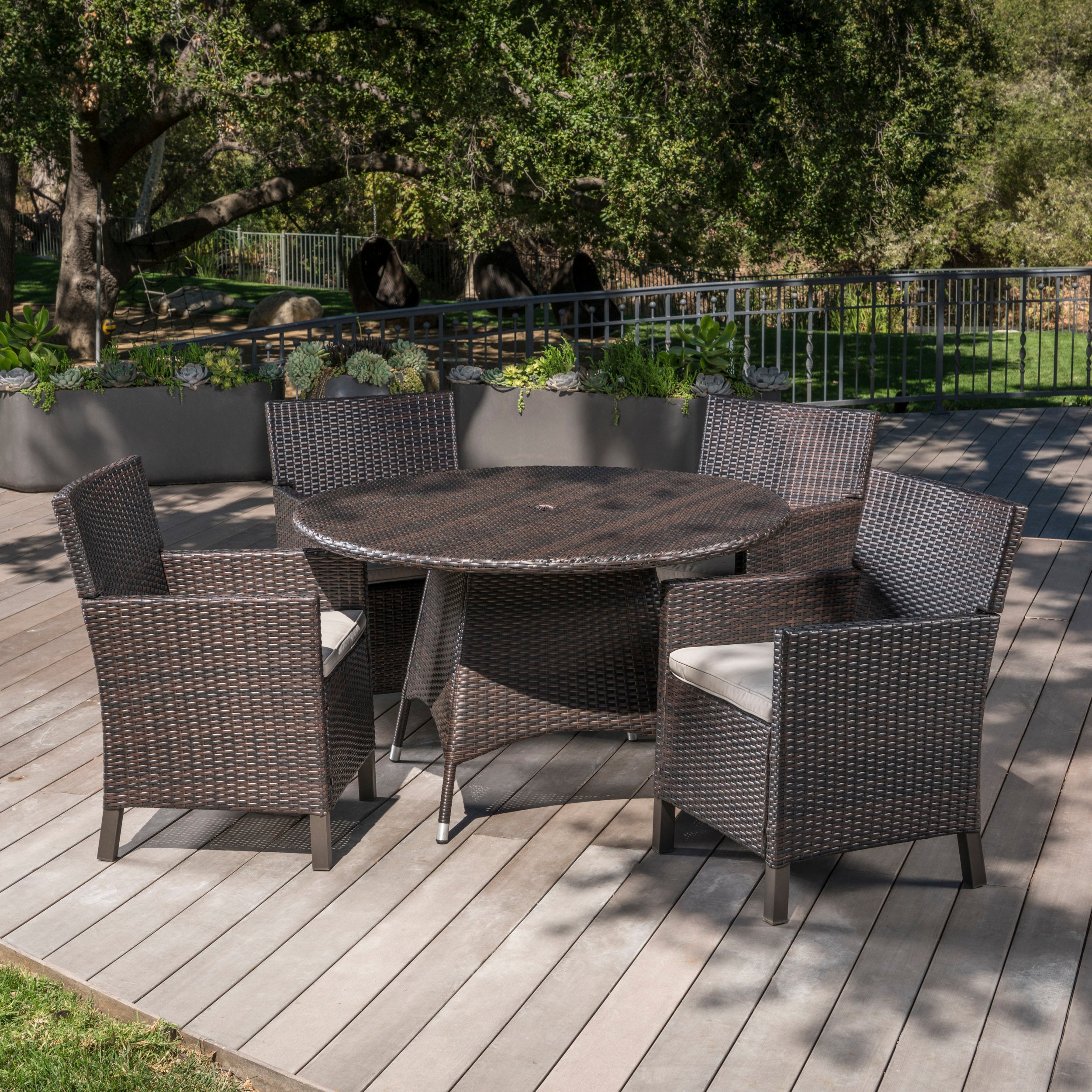 Cyril Outdoor 5 Piece Wicker Round Dining Set with Water Resistant Cushions