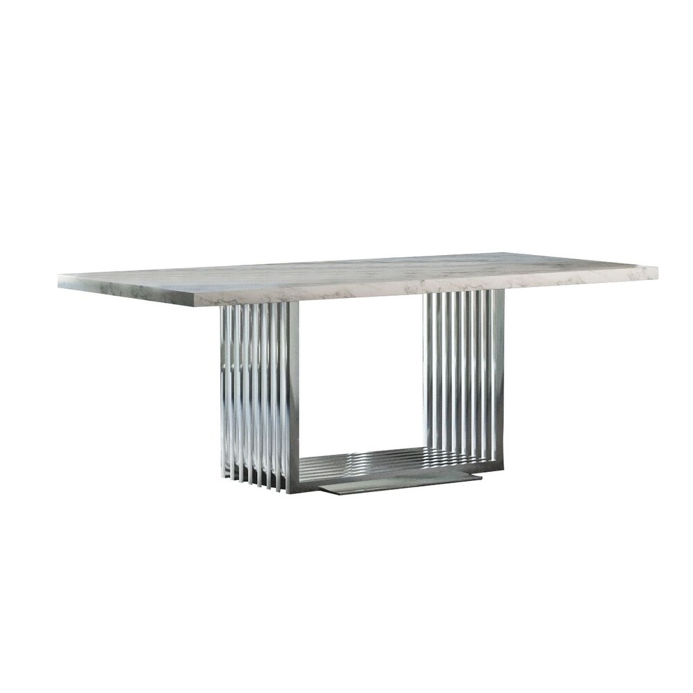 Cid 79 Inch Modern Dining Table  Open Slatted Design Metal Base  Chrome