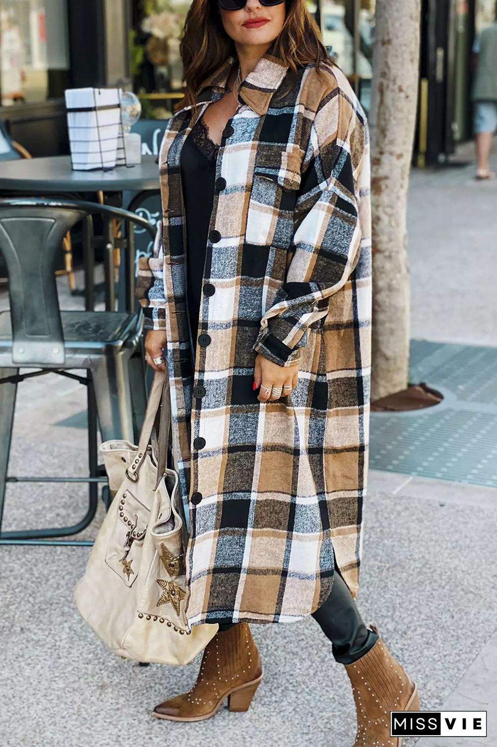 KarliDress Lapel Plaid Print Woolen Long Coat P12611