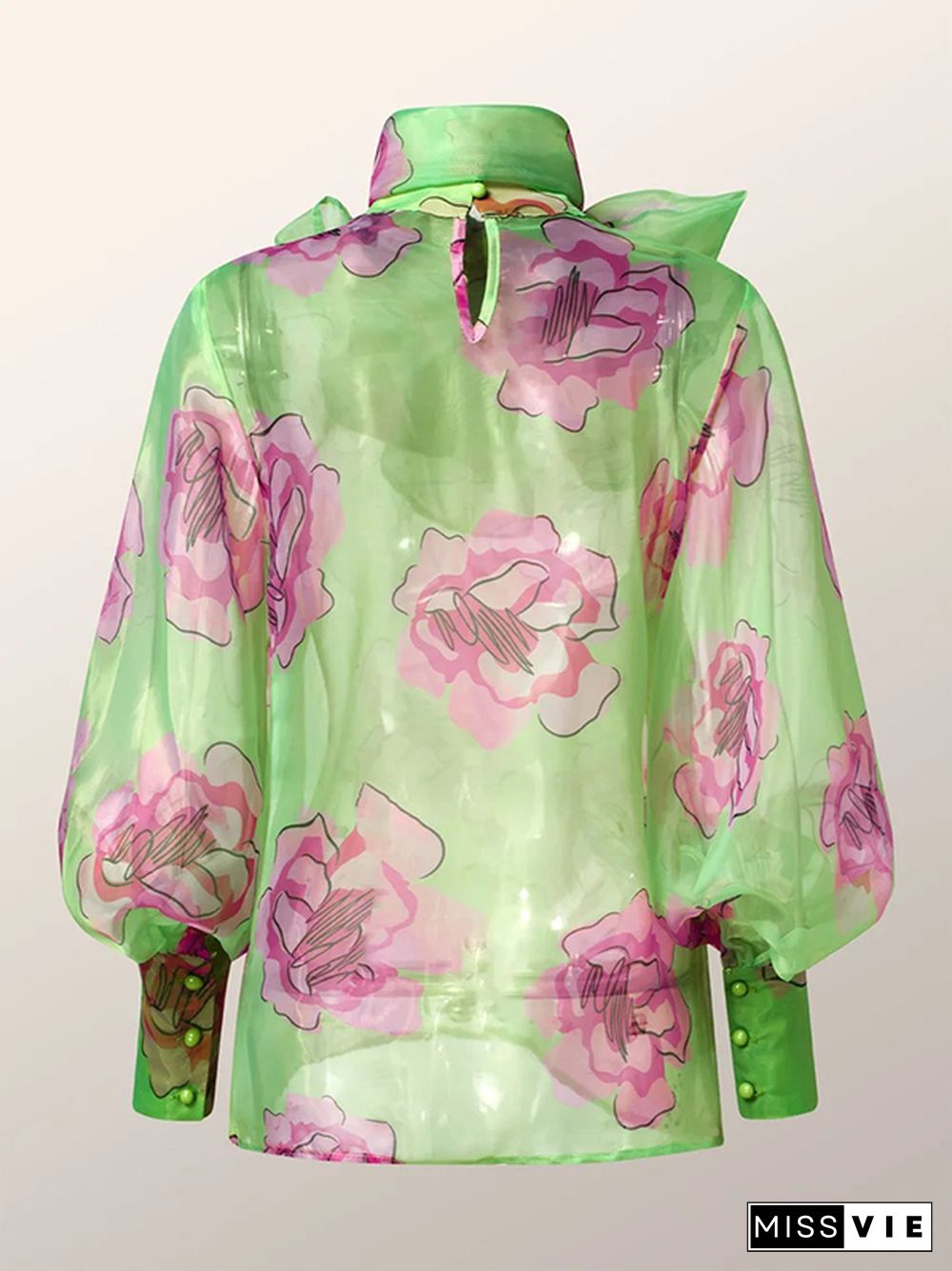 Loose Puff Sleeves Bow-Embellished Floral Printed See-Through Stand Collar Blouses&Shirts Tops