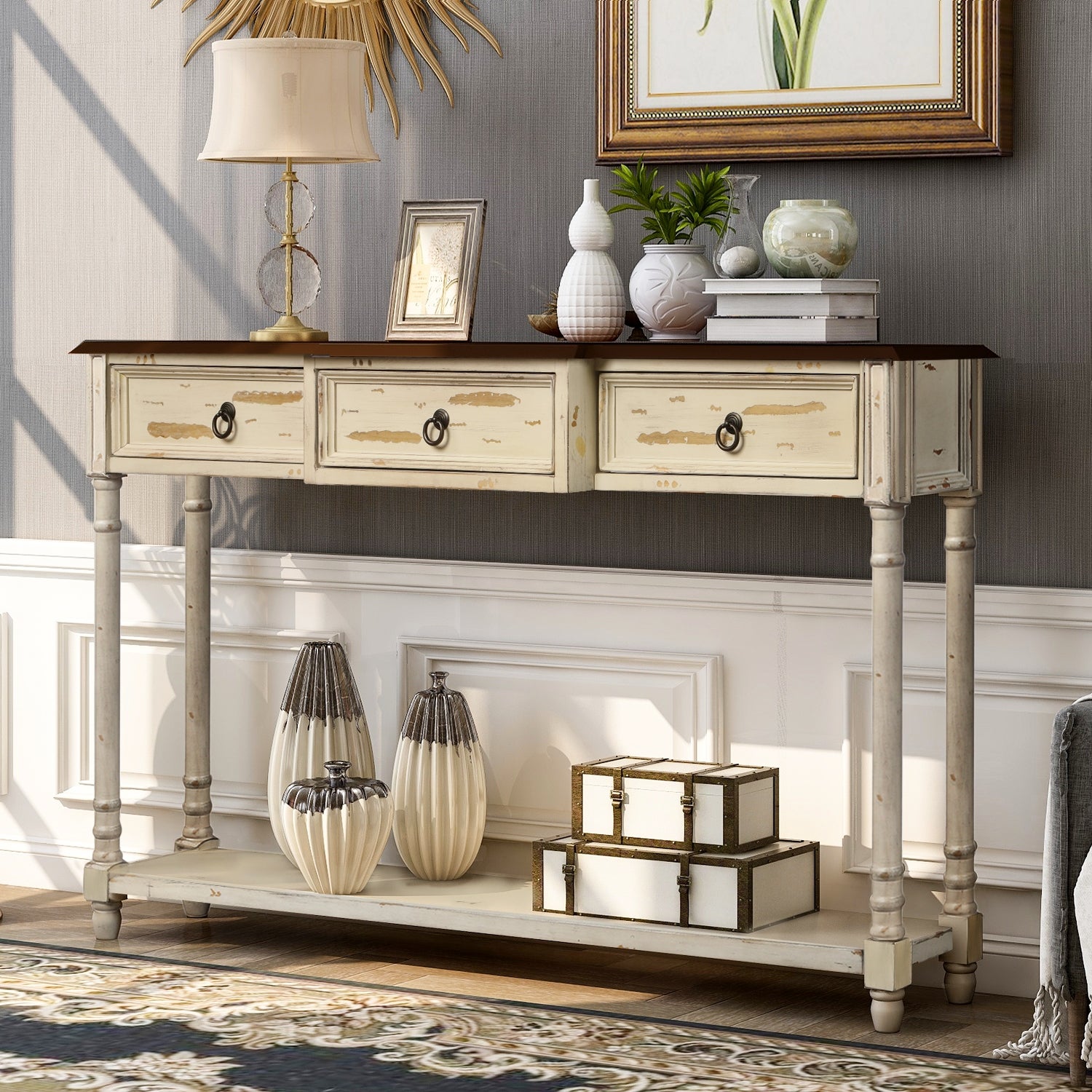 Farmhouse Distressed Beige 3-drawer Console Table