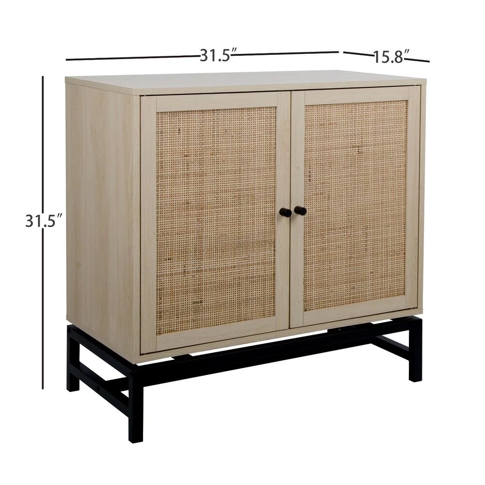 2 Door Accent Cabinet Storage Cabinet With Rattan Skin Decoration Black Metal Base Adjustable Shelf For Kitchen  Living Room