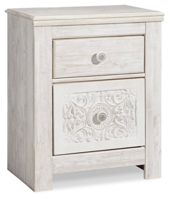 Signature Design by Ashley Paxberry Boho 2 Drawer Nightstand with 2 Slim-Profile USB Charging Ports, Whitewash