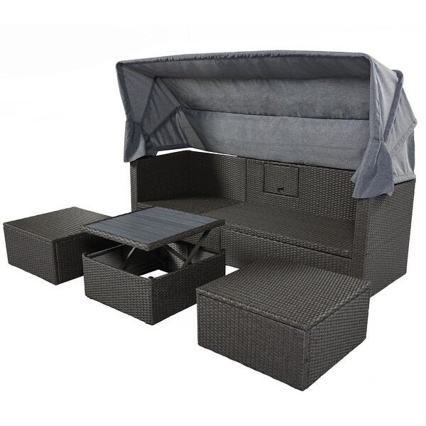 Roomfitters Outdoor Patio Rectangle Daybed with Retractable Canopy，Wicker Sectional Seating with Washable Cushions