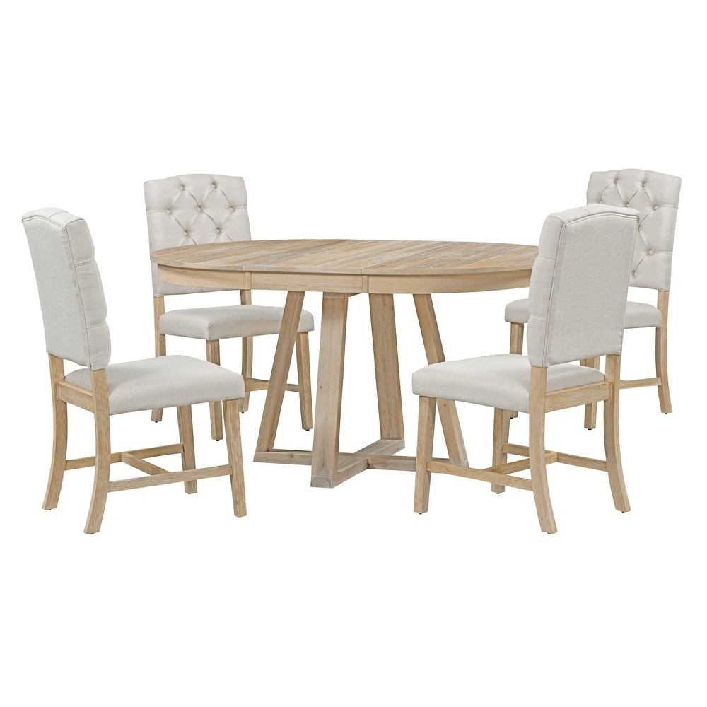 Round 5 Piece Wood Extendable Dining Table Set with Upholstered Armless Dining Chairs and Extendable Oval Dining Table