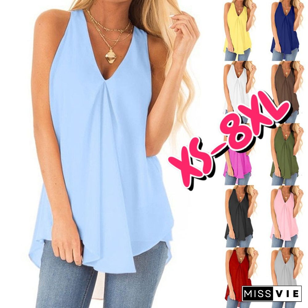 XS-8XL Spring Summer Tops Plus Size Fashion Clothes Women's Casual Off Shoulder Chiffon Blouse Summer Tops Sleeveless Blouses V-neck Solid Color Camisoles Beach Wear Vest Shirts Ladies Off Shoulder Pleated Loose Tank Tops