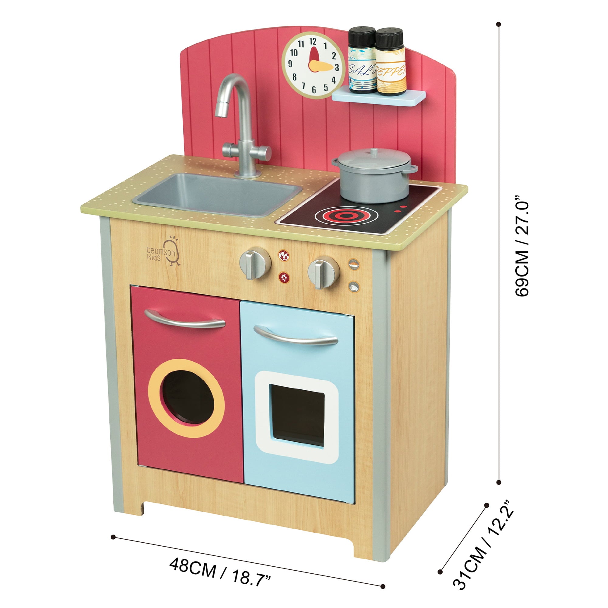 Teamson Kids Little Chef Porto Classic Wooden Kitchen Playset, Natural/Red