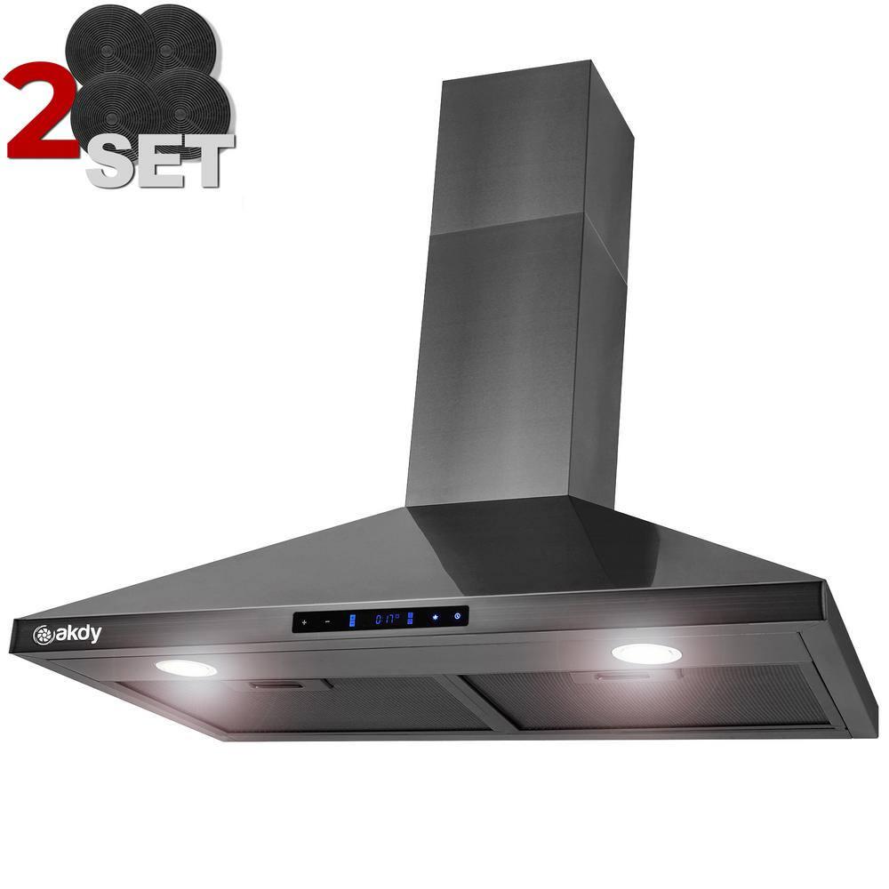 AKDY 30  343 CFM Convertible Wall Mount Range Hood Touch Controls LED Lights 2Set Carbon Filters in Black Stainless Steel