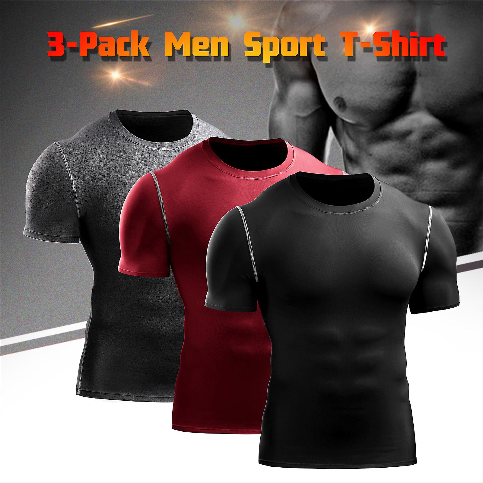 3-pack Mens Sport Shirt Quick-dry Gym Workout Fitness Running Undershirt O-neck Solid Bodycon Tops Black and Dark Blue and Red 3x-large