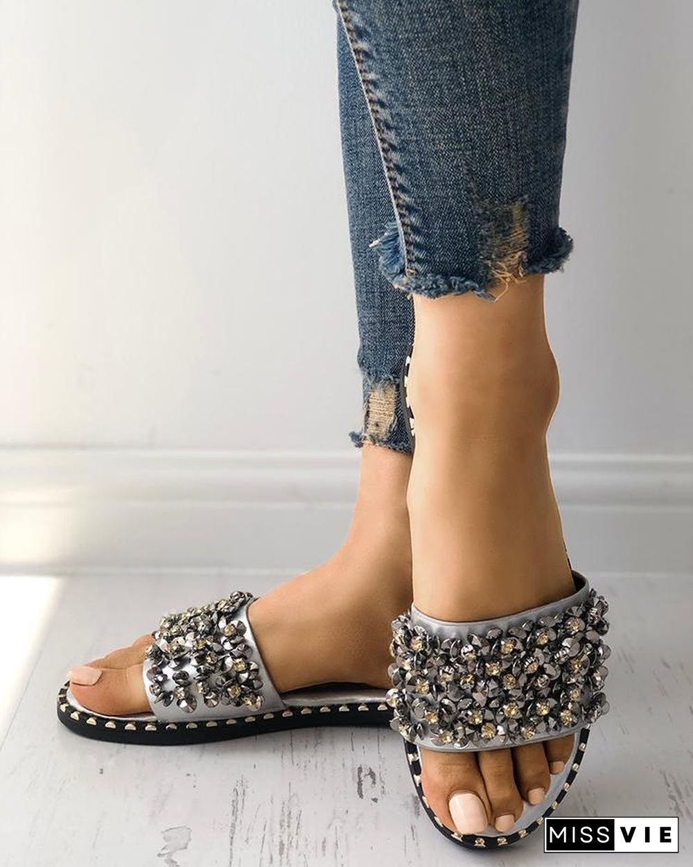 Rhinestone Decor Quilted Open Toe Slippers