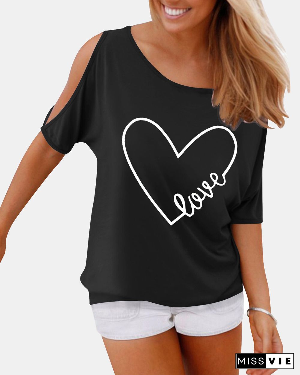 Letters Heart Printed O-neck Off Shoulder Blouse