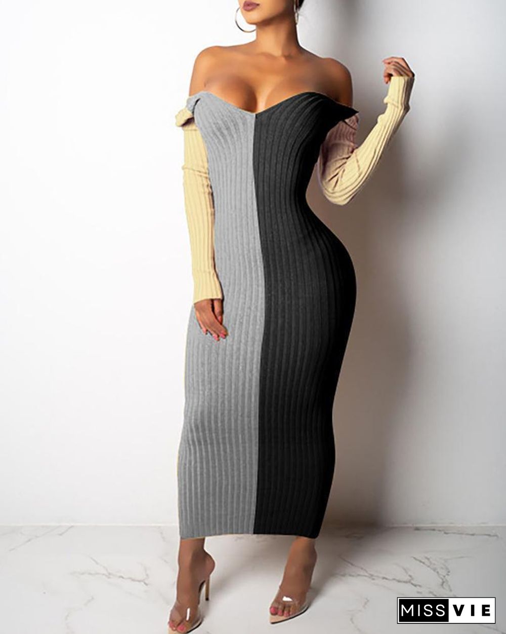 Colorblock Ribbed Off Shoulder Maxi Dress P10976