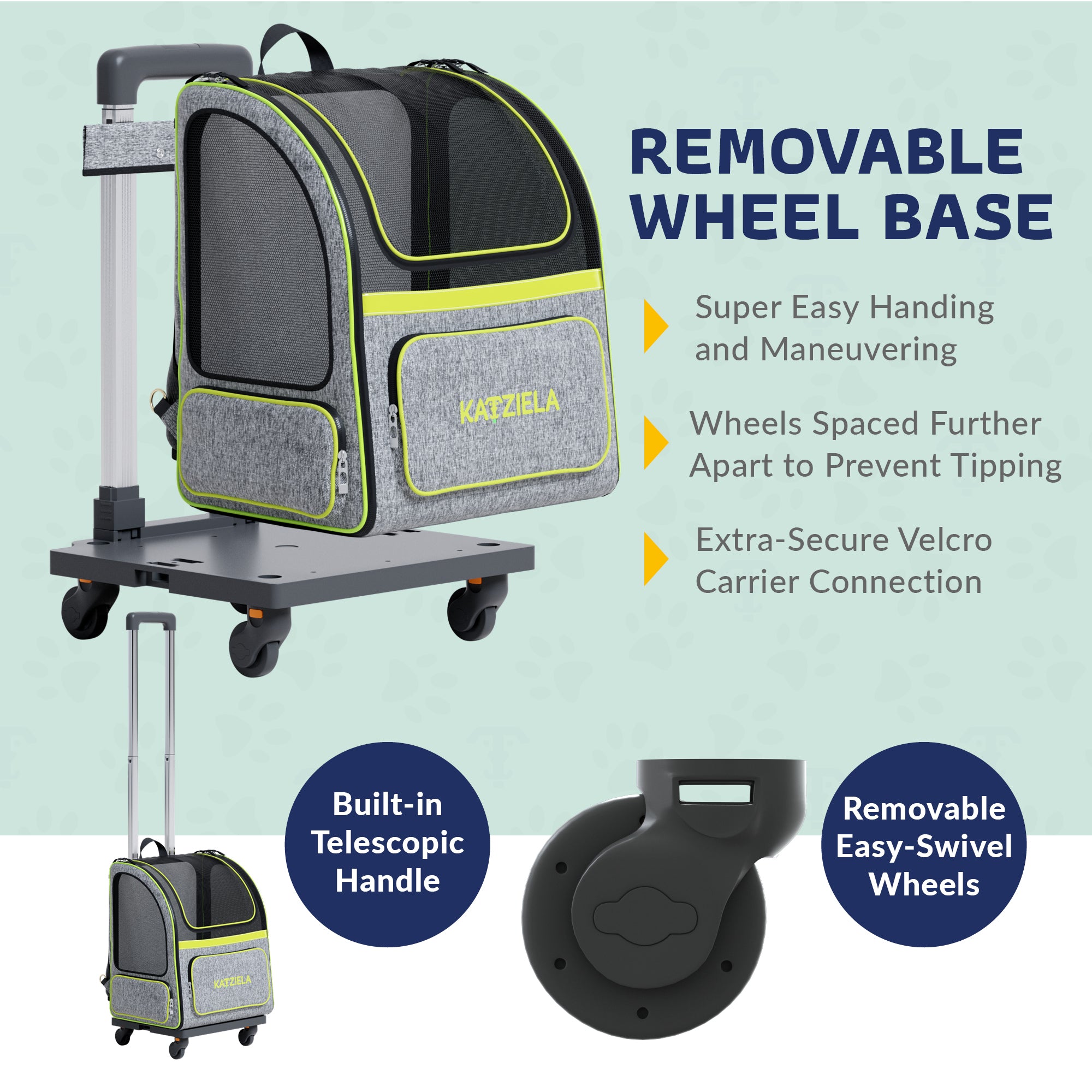 Katziela Wheeled Pet Carrier Backpack， Airline Approved， Gray and Green